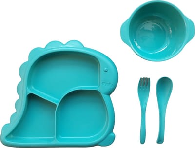 Kinderservies - Baby servies - 4-delig set - bord - kom - vork - lepel - Dino groen