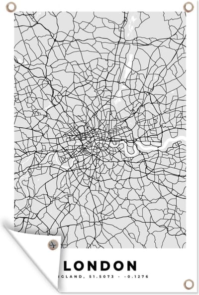 Muurdecoratie Londen - Stadskaart - Plattegrond - Zwart Wit - Kaart - 120x180 cm - Tuinposter - Tuindoek