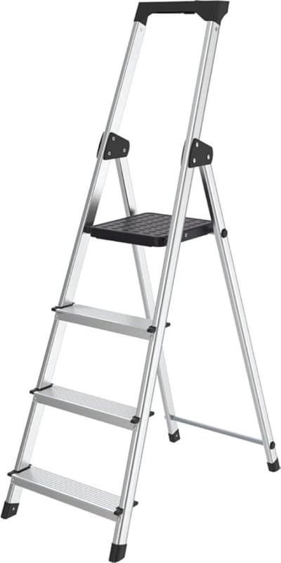 Verte Huishoudtrap 4 Treden - Opvouwbare Stalen Trapladder – 4 Treden – Met Antisliptreden – Voor Gebruik Binnen en Buiten – Draagvermogen 150 kg – Zilverzwart
