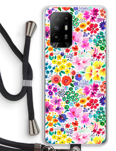 Case Company® - Hoesje met koord geschikt voor Oppo A94 5G hoesje met Koord - Little Flowers - Telefoonhoesje met Zwart Koord - Bescherming aan alle Kanten en Over de Schermrand