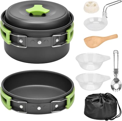 SnelShoppen - 10-delige kookgerei kit voor camping, picknick pannen, kookgerei en campingservies voor 1-2 personen, FDA-gecertificeerd, ideaal voor ou