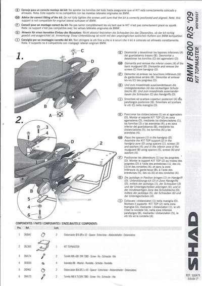 Kit TOP MASTER Support de top case Shad pour moto BMW F 800 S W0FR89ST