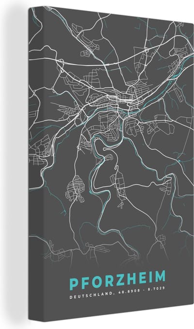 Canvas Schilderij Stadskaart – Kaart – Pforzheim – Blauw – Duitsland – Plattegrond - 20x30 cm - Wanddecoratie