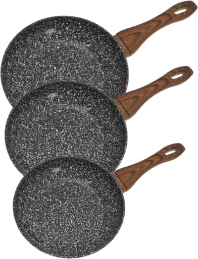 Kookpannenset - 3-delig - Frying Pan Set - Met Siliconen Coating Handgreep - Anti-aanbak - Inductiegeschikt - Duurzaam & Functioneel - Ø20 / Ø24 / Ø28 cm - Marble Grey