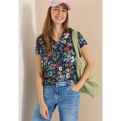 Blouse met korte mouwen, structuurmix en print
