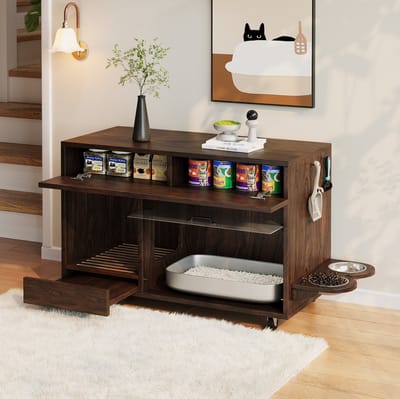 MIVRAY Kattenbakcontainer - Verrijdbare Verborgen Kattenbakkast Met Voerbakjes En Zandopvanglade - Voor Woonkamer - Walnootkleur - 100x45,5x67 Cm