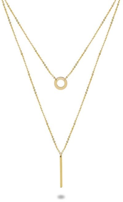 Twice As Nice Halsketting in goudkleurig edelstaal, cirkel en staafje op dubbele ketting 39cm+5cm