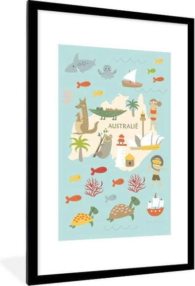 Wereldkaart Kinderen - Australië - Dieren - Schoolplaat - Kinderkamer - 80x120 cm