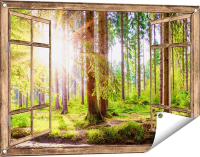 Gards Tuinposter Doorkijk Bos met Zon tussen de Bomen - 90x60 cm - Tuindoek - Tuindecoratie - Wanddecoratie buiten - Tuinschilderij