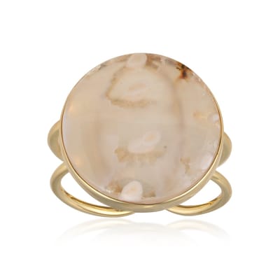 Cavill - Zilveren Ring met Witte Agaat 13,6 ct - 925 Sterling Zilver Verguld - Ronde Cabochon Bali Barong - Elegante Damesring
