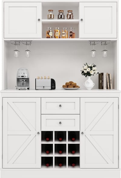 Kast met verstelbare planken & wijnrek, Hoge kast met 4 deuren & 2 lades, Sideboard voor keuken & woonkamer, Buffetkast, Wit