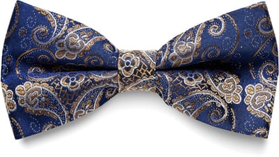 Zijden voorgestrikte vlinderdas met blauw en goud paisleymotief