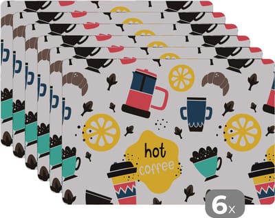 Placemat - Placemats kunststof - Patronen - Koffie - Ontbijt - Croissant - 45x30 cm - 6 stuks - Hittebestendig - Anti-Slip - Onderlegger - Afneembaar