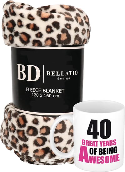 Cadeau verjaardag 40 jaar vrouw - Fleece plaid/deken luipaard print met 40 great years awesome mok