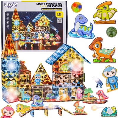 Woopie magnetische constructieblokken Gloeiend 3D-dinosauruspark 124 stuks. - UNI