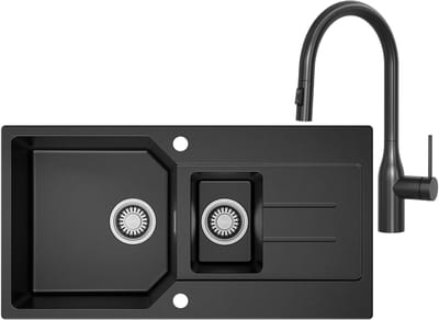 Anycee max Spoelbak Keuken 86x45CM - 1.5 Granieten Spoelbakken Keuken Met Keukenkraan Met Uittrekbare Uitloop - Primaire en Tweede Bak - Met Afdruiprek en Waterafvoersysteem - Zwart