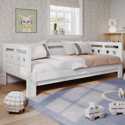 HAUSS SPOLE Daybed 90x190cm - Uitschuifbaar Bed Met Hartvormig Design - Zonder Matras - Logeerbed En Slaapbank - Hout - Wit