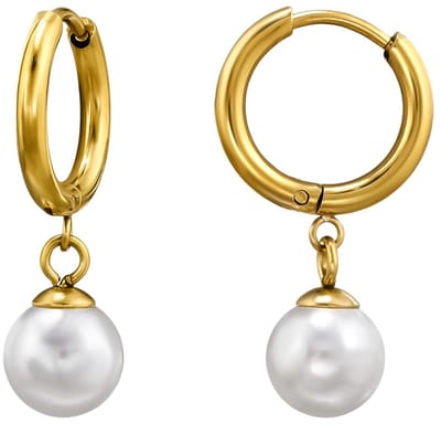 Joy Ibiza - parel oorbellen - witte parel bedel oorringen - klap scharnier sluiting - ear party boho - bohemian style - stainless steel - ip/pvd goldplated