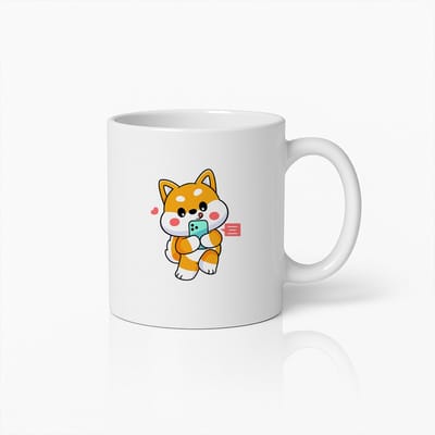 Schattige Shiba Inu Hond met Smartphone Mok – Liefdevolle Koffiebeker voor Honden- en Techliefhebbers