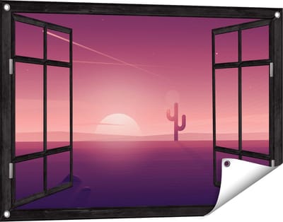 Gards Tuinposter Doorkijk Zonsondergang in de Woestijn met een Cactus - 90x60 cm - Tuindoek - Tuindecoratie - Wanddecoratie buiten - Tuinschilderij