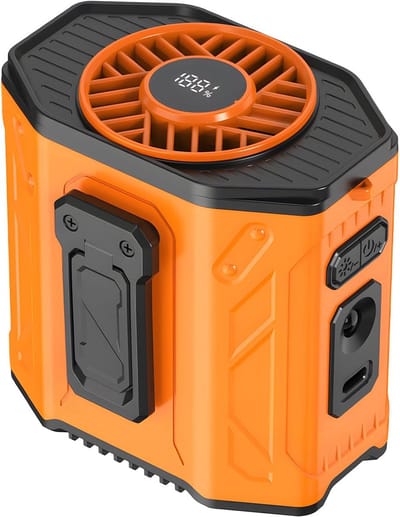 VHV - Tailleventilator - persoonlijke ventilator voor camping, buitenwerk en reizen - met 3600 mAh batterij, clip en zaklamp - oranje ABS 8.4 x 7.2 x 6 cm