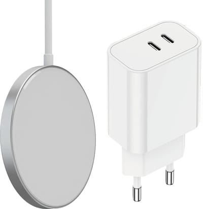USB C Adapter - Snellader Magnetisch Geschikt voor MagSafe, iPhone en Samsung - 35W Vermogen - Dubbele USB C Poort - Draadloze Oplader - Draadloos 15W Vermogen - Wit