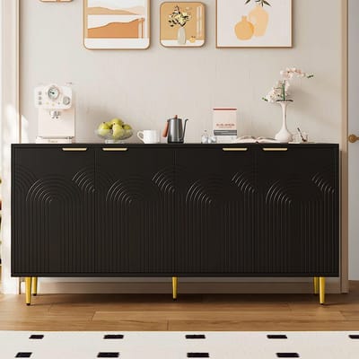 Sideboard - 160x40x80 cm zwart - 4 deuren met geborstelde gouden grepen, verstelbare planken - Softclose scharnieren, hoogglanzende poten - Voor woonkamer, eetkamer, slaapkamer