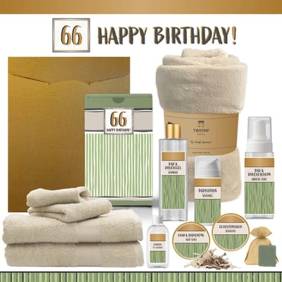 Geschenkset “66 Happy Birthday!” - 12 producten - 1910 gram | Giftset voor haar hem Zesenzestig jaar Cadeau Luxe Wellness Pakket Vrouw Man Speciaal Cadeaupakket Geschenk Douche Verjaardag Feestje Gift Set Handdoeken Fleecedeken Groen Beige Goud