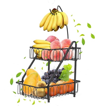 Famanu – Metalen fruitmand met bananenhouder – Tweelaagse fruitstandaard – Modern design – Zwart