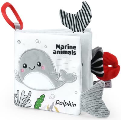 Babyboek – Baby stoffen boek - stoffen boeken voor baby's met dierenthema - voelboek - knisperboek - speelgoedboek 6 maanden – Walvis