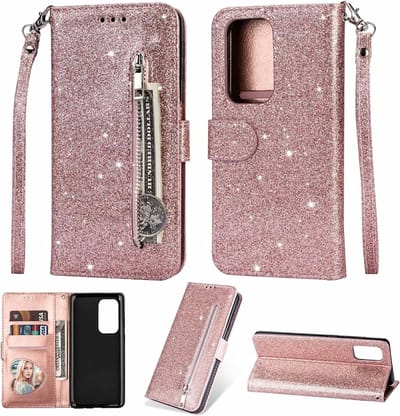 Portemonnee Hoesje - Wallet Case - Rits Sparkly Glitter - Telefoonhoes met Kord Geschikt voor: Oppo A57 4G & A57s - Rosegoud