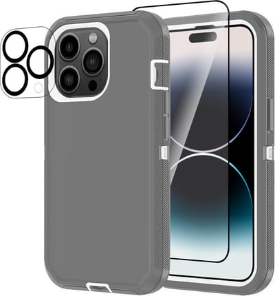 Stravo Heavy Duty iPhone 14 Pro Max case met Screen Protector en Lens Protector - Grijs - Uitverkoop - Dustproof shockproof telefoonhoes cover bestaande uit 3 lagen inclusief schermbeschermer en lensbeschermer - Geschikt voor iPhone 14 Pro Max