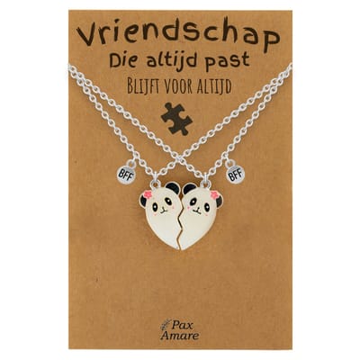 BFF Ketting voor 2 'Vriendschap die altijd past' - Magnetisch Hartje Panda's - Vriendschapsketting op Cadeau Kaartje - 45cm + 5cm verstelbaar - Zilverkleurig - Best Friends Hanger - Pax Amare