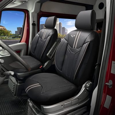 Stoelhoezen / zetelhoezen Hyundai Kona 2023-heden – Palermo zwart/grijs – premium skai leer – perfecte pasvorm voor 2 voorstoelen – inclusief hoofdsteun