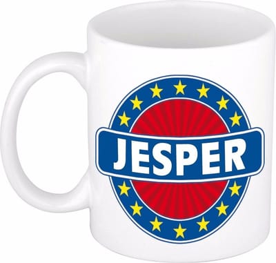 Bellatio Decorations - Jesper voornaam - koffiemok - beker - wit/blauw - 300 ml - Cadeau - Heren - Collega - Vaderdag - Verjaardag
