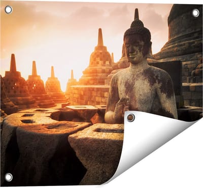 Gards Tuinposter Boeddha Beeld in een Tempel - 50x40 cm - Tuindoek - Tuindecoratie - Wanddecoratie buiten - Tuinschilderij