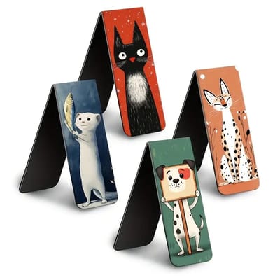 Viwado®4 Stuks Magnetische Bladwijzers met Dierenthema – Kat, Hond, Wezel & Lynx Illustraties – Sterke Magneet – Boekaccessoire Cadeauset voor Lezers