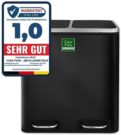 Vuilnisemmer met 2 vakken, 2 x 15 liter, uitneembare binnenemmer, deksel met sluitdemper, afvalscheidingssysteem voor keuken en kantoor, 30 l, zwart