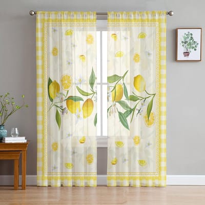 Rideaux transparents à carreaux d'été idylliques aux citrons pour la décoration du salon, rideaux de fenêtre, rideaux de cuisine en tulle, voile, organza W135 x H115cm x1 white