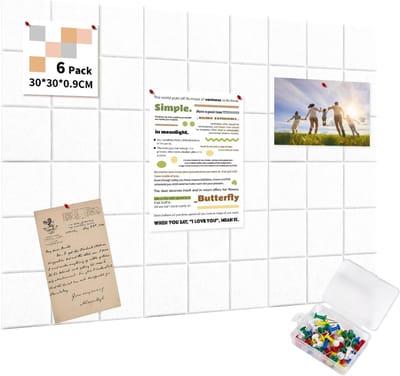 Zelfklevend Filt Prikbord 90x60cm, 6 Stuks 30x30cm Filt Memoborden met 35 Pinnen, Zelfklevend Visionboard Prikbord voor Kantoor Keuken, Foto's Memo's Wanddecoratie, Wit