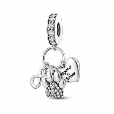 Fler® | Bedel | Past op populaire bedel armbanden (standaard-3mm) | armbandbedel | Together & Forever Hondenpoot | Trouwe Viervoeter | Pootafdruk | Hangbedel Charm | 925 Sterling Zilver | Zirkonia | Kerstcadeau | Sinterklaas Cadeau | Valentijn kado