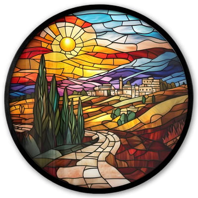 Poster in lijst Rond - Fotolijst 40x40 cm - Posters - Mozaïek - Zon - Landschap - Dorp - Ronde posterlijst zwart - Decoratie - Wanddecoratie woonkamer - Muurdecoratie slaapkamer