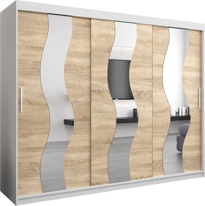 InspireMe - Kledingkast met 3 schuifdeuren, Modern-stijl, Een kledingkast met planken en een spiegel (BxHxD): 250x200x62 - REESE 250 Wit Mat + Sonoma Eik