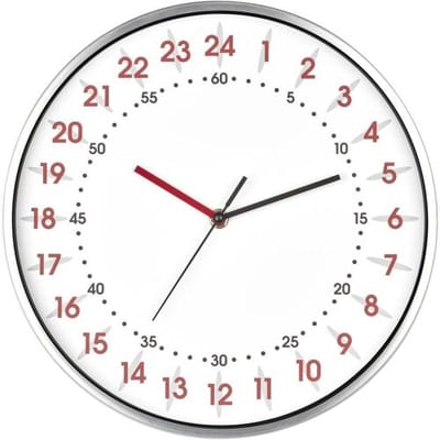 TFA Dostmann Analoge wandklok met 24-uurs weergave, 60.3069.02, met rode uur- en zwarte minutencijfers, aluminium frame, glazen deksel, wit