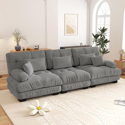 3-zits Bank, Modulaire Hoekbank met Diepe Zitting, Chenille Slaapbank, Comfortabel Bekleed voor Woonkamer, Appartement, Studio, Kantoor, Chenille-Grijs