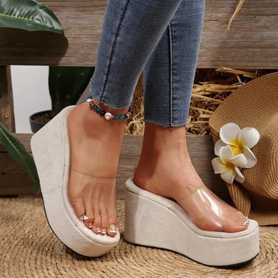 Dames Transparante PVC Peep Toe Slide Sandalen Zomer 10cm Sleehak Hoge Hakken Slippers voor Dames Plateau Casual Sandalen 40 black