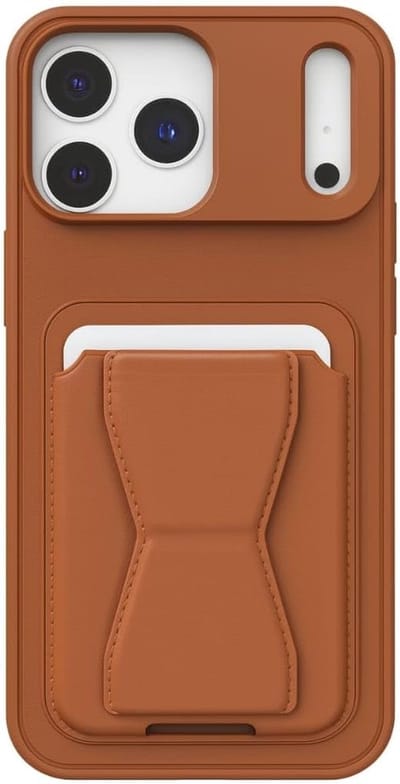 Schokbestendige Backcover met Kaarthouder & Ingebouwde Standaard – PU Leer – Luxe Bescherming & Comfortabele Grip Geschikt voor: iPhone 17 Pro - Bruin