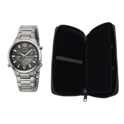 EXCLUSIEVE SET MET GRATIS REISETUI: Eco Tech Time Solar Drive Tijdsein gestuurd Everest II Titanium horloge Wereldtimer - EGT-11380-20M