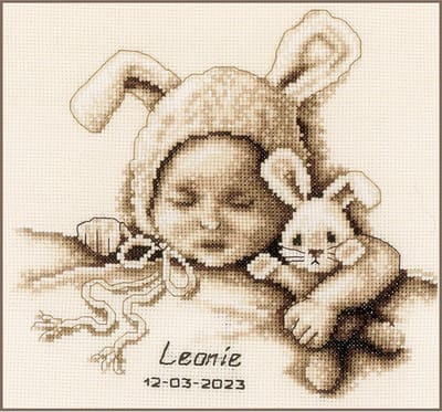 Vervaco - Telpakket kit - Geboorte - Sepia - Baby en knuffelkonijn - PN-0199358 - Borduren - Borduurpakket - Borduurpakket geboorte - Borduurpakket volwassenen