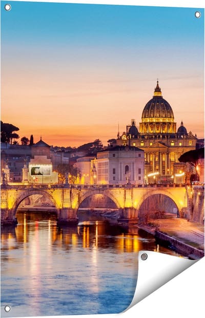 Gards Tuinposter Engelenbrug in Rome bij Zonsondergang - 60x80 cm - Tuindoek - Tuindecoratie - Wanddecoratie buiten - Tuinschilderij